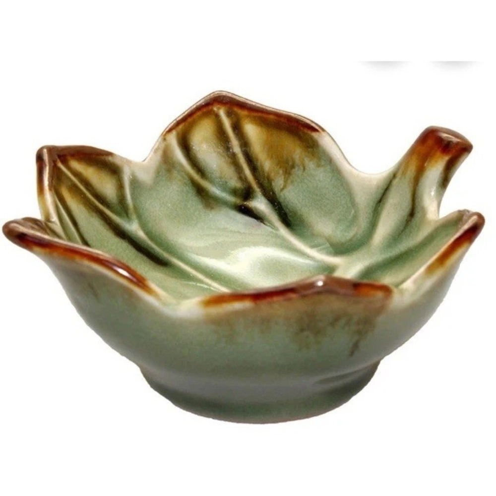 2 Mini Leaf Bowls Table Smalls Salt Condiments Dipping Dish Brown Green EC